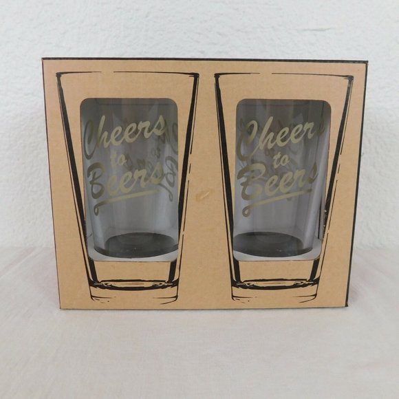 2 Pint Glasses Cheers to Beers in Plaid Box New Party Tailgate Fraternity Gift - Picture 1 of 4